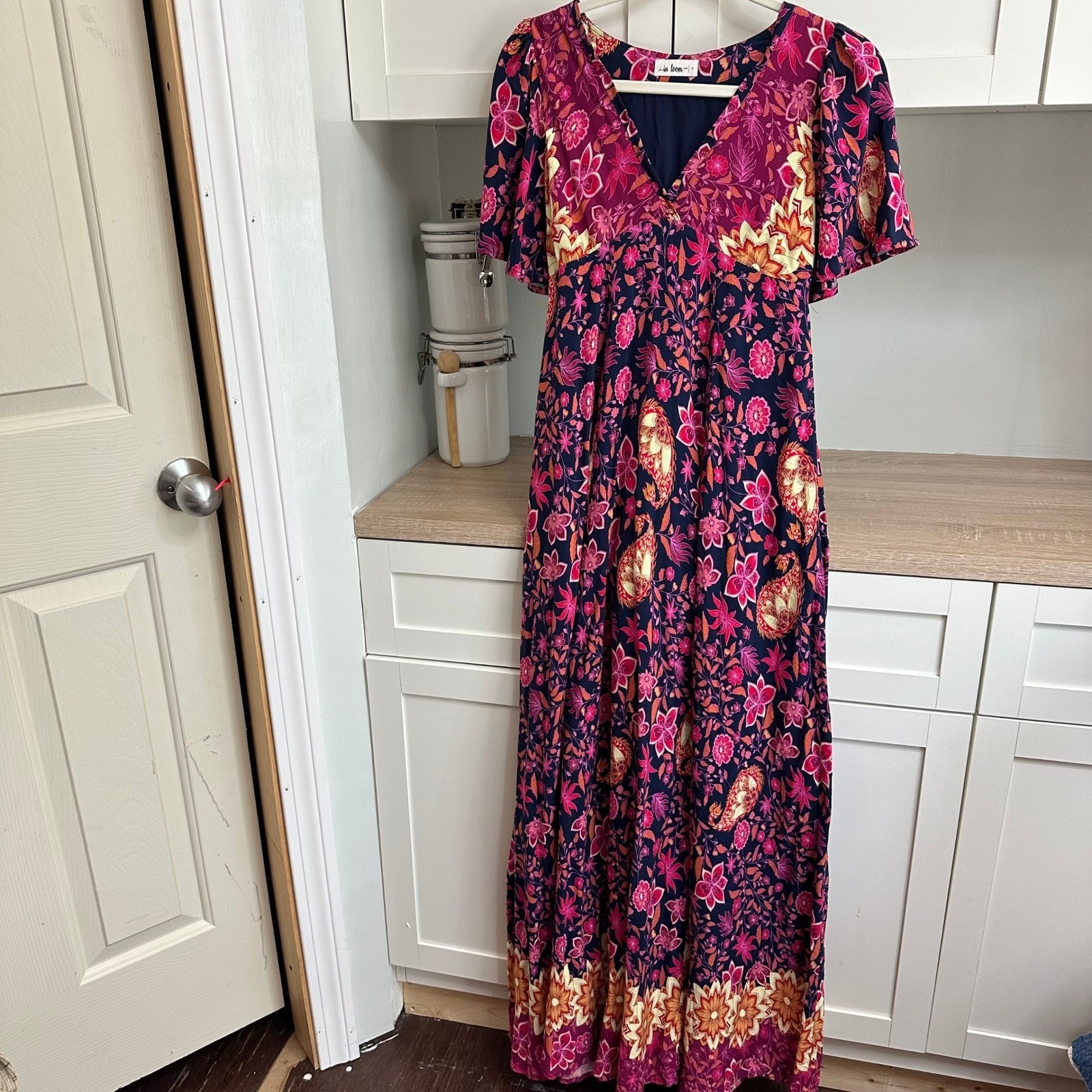 In Loom Flowy Maxi Dress Womens S Floral Boho Romantic Vneck Smocked Ethereal